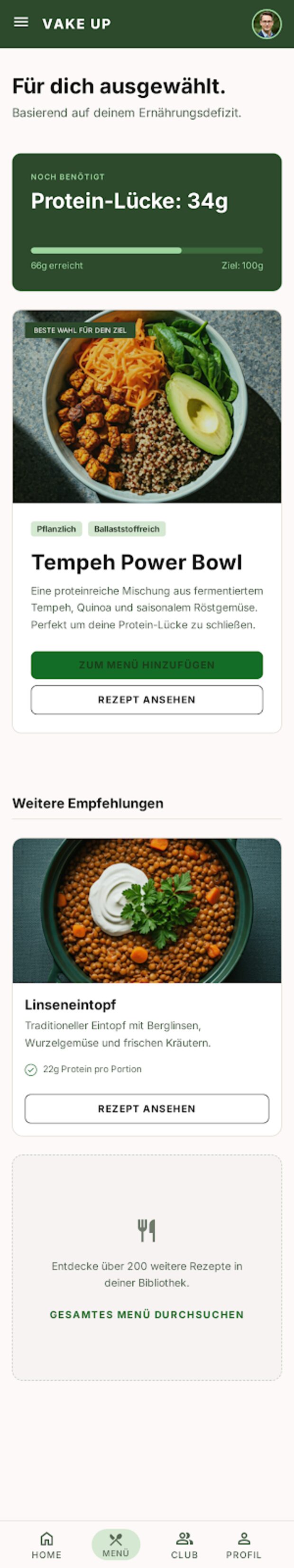 Mahlzeit-Empfehlungen in der Vake Up App